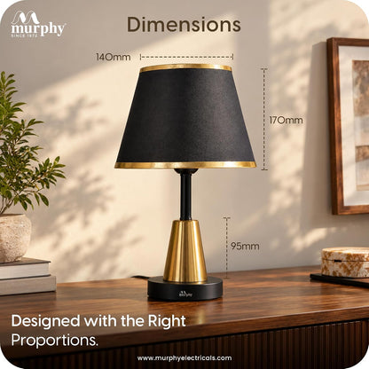 Murphy Conic Gold 3-in-1 LED Table Lamp with Premium Black Fabric Shade | Elegant Gold Finish | E27 Bulb Included | 1 Year Warranty