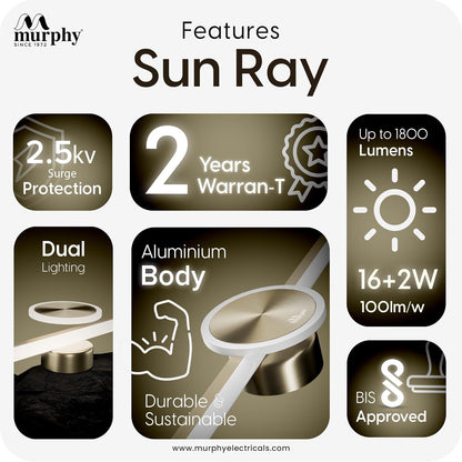 Murphy 16W+2W LED Mirror Light | 3 Color Changing (White/Warm/Natural) | Full Brass Finish – Sun Model, Modern Over Mirror Vanity Light