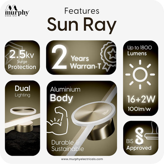 Murphy 16W+2W LED Mirror Light | 3 Color Changing (White/Warm/Natural) | Full Brass Finish – Sun Model, Modern Over Mirror Vanity Light