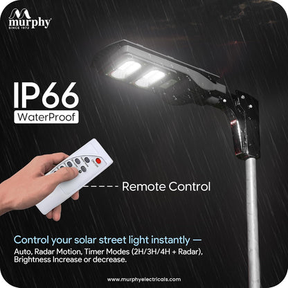 Murphy 90W Solar Street Light | 144 SMD LEDs | 12000mAh Battery | 9hr 10min Backup | Dusk-to-Dawn Auto | 8–10m Radar Sensor | Outdoor Waterproof Light