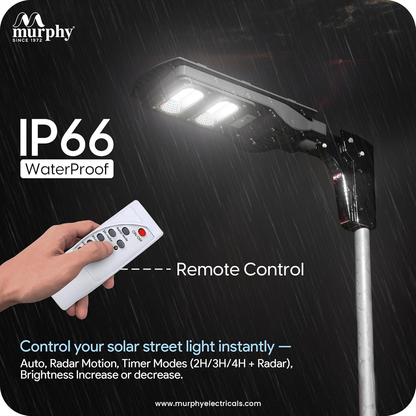 Murphy 30W Solar Street Light Light Output Equivalent to 6W LED  48 SMD LEDs  5Ah Battery  Dusk to Dawn Auto On/Off Motion Sensor IP65 Waterproof Cool White  ABS Body 1 Year Warranty