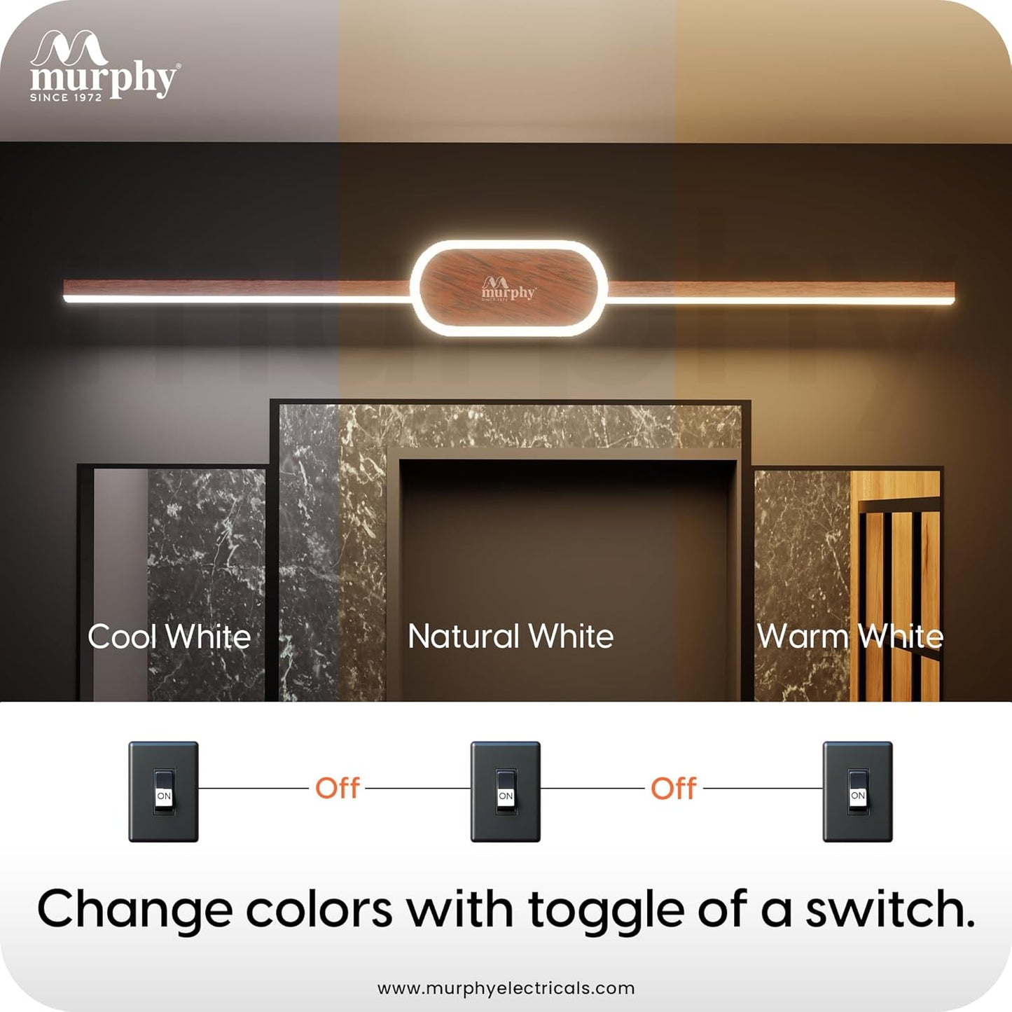 Murphy 16W+2W LED Mirror Light | 3 Color Changing (White/Warm/Natural) | Wooden Finish, Modern Over Mirror Bathroom/Dressing Table Light | Pack of 1 | 2-Year Warranty