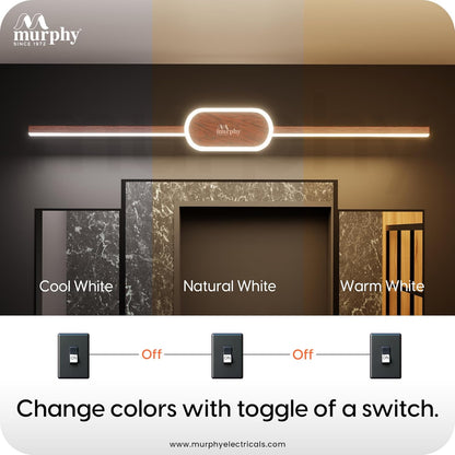 Murphy 16W+2W LED Mirror Light | 3 Color Changing (White/Warm/Natural) | Wooden Finish, Modern Over Mirror Bathroom/Dressing Table Light | Pack of 1 | 2-Year Warranty