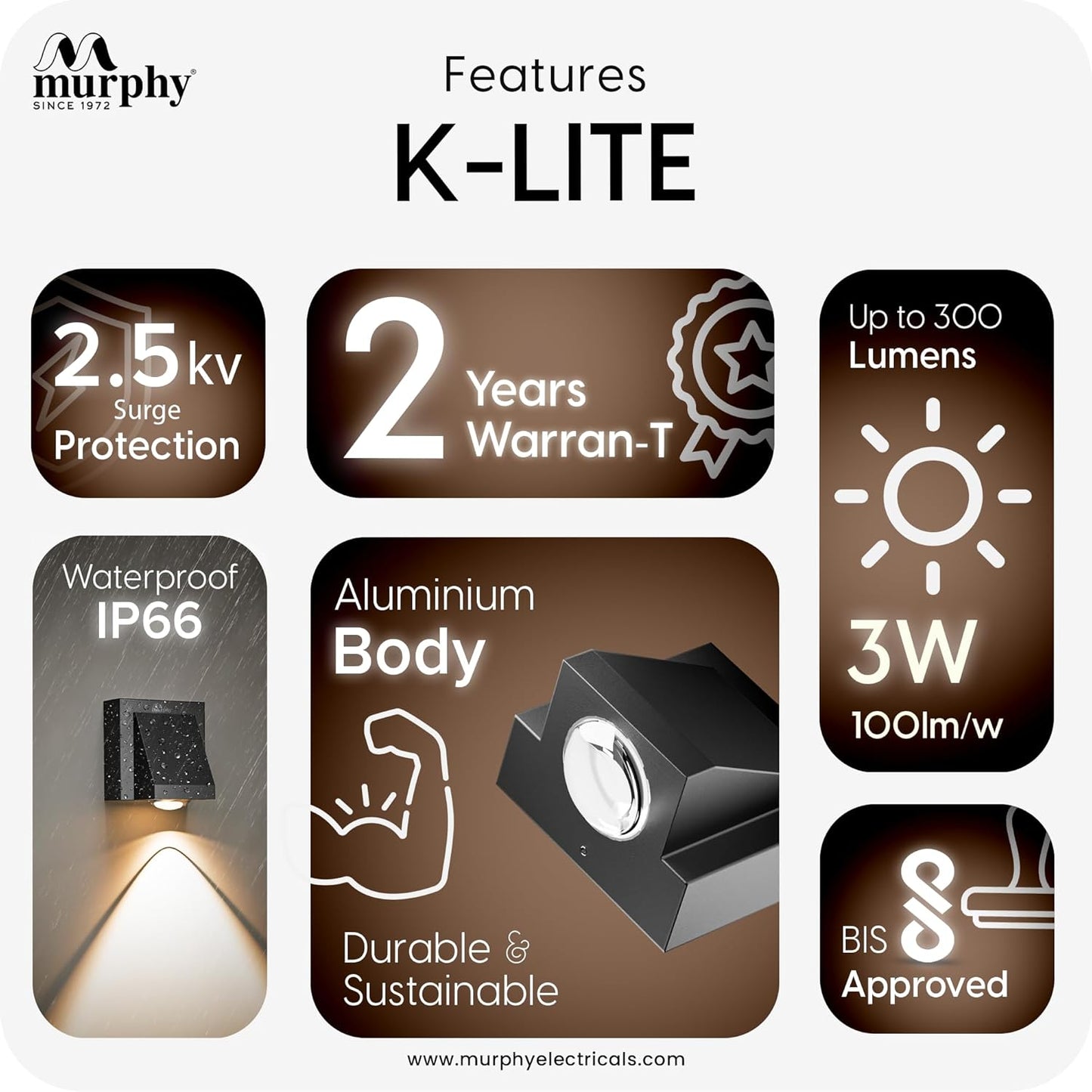 Murphy K-LITE Single Ray Wall Light  | IP66 Waterproof | 2 Years Warranty | BIS Approved | 2.5kV Surge Protection | Up Down Light for Gate, Balcony & Garden