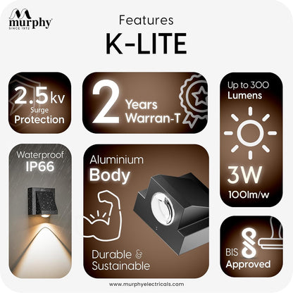 Murphy K-LITE Single Ray Wall Light  | IP66 Waterproof | 2 Years Warranty | BIS Approved | 2.5kV Surge Protection | Up Down Light for Gate, Balcony & Garden
