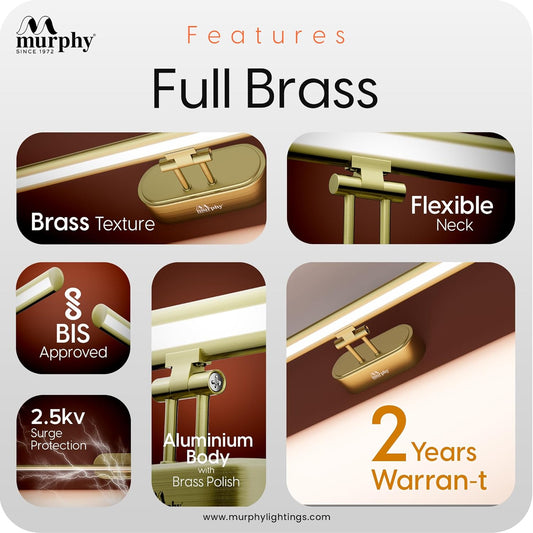 Murphy 6W 3-in-1 Color Chnaging FullBrass Finish Finish LED Mirror Picture Wall Light,Bathroom Vanity Led Mirror Light (Cool White/Warm White/Natural White)