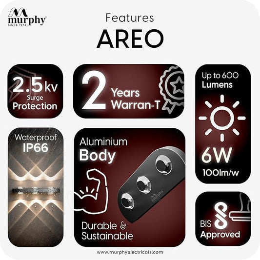 Murphy Areo 6-Way Waterproof LED Wall Light – Warm White | Premium Aluminium Body | Modern Decorative Indoor & Outdoor Wall Lamp | Energy Efficient | IP65