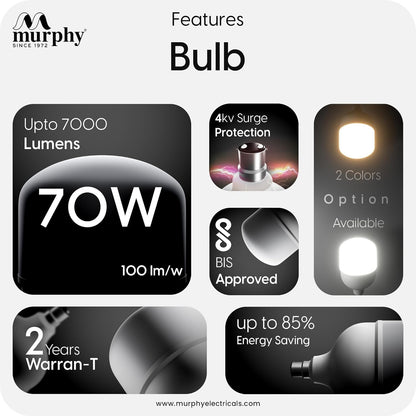 Murphy 70W LED Bulb – Cool Daylight | High Wattage Energy-Saving Bulb | B22 Base | Long Life | 6500K Bright White | 2-Year Warranty