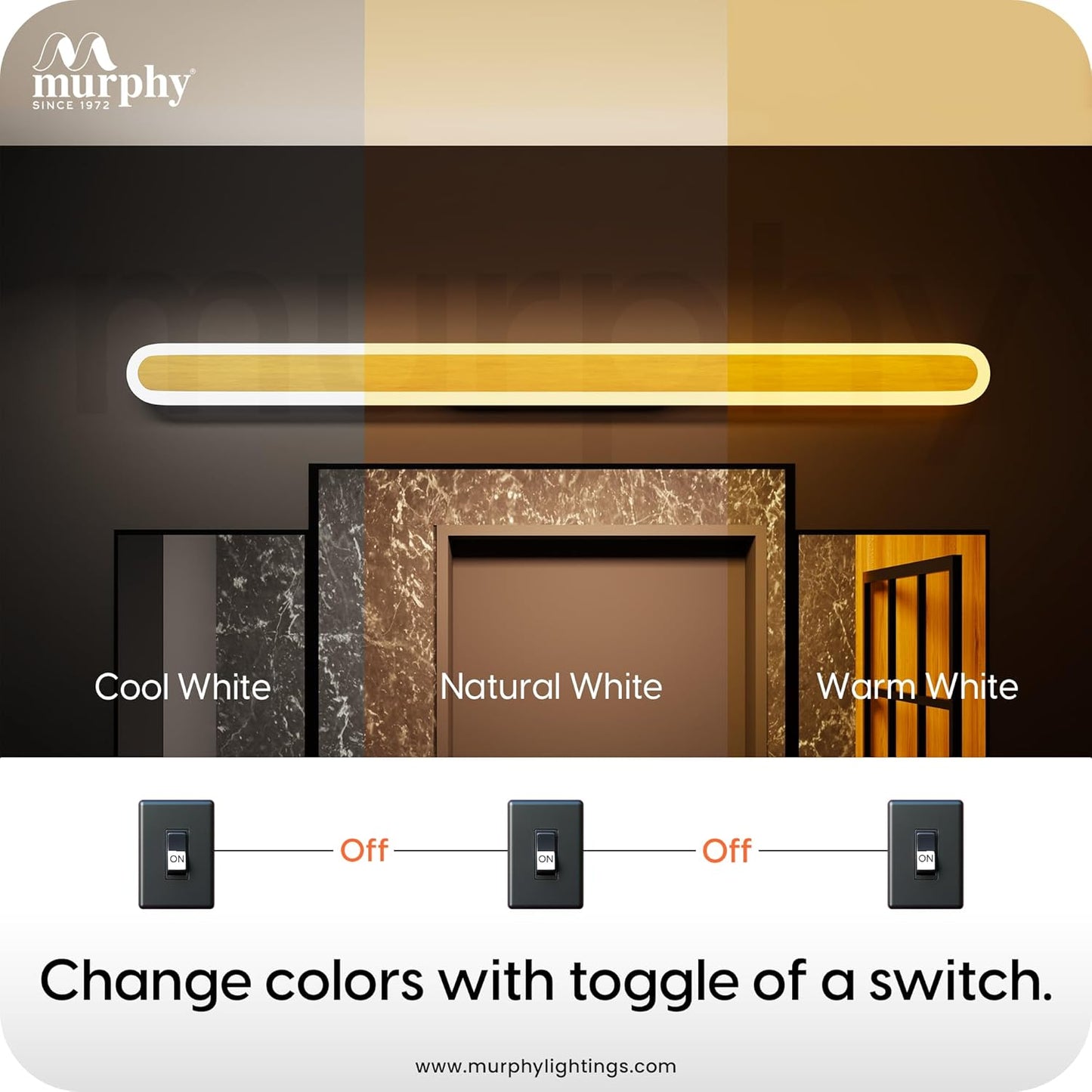 Murphy LumaLine TrioGlow 15W Premium LED Mirror Wall Bathroom Light - with 3-in-1 Colour Cool White/Warm White/Natural White Linear Bar