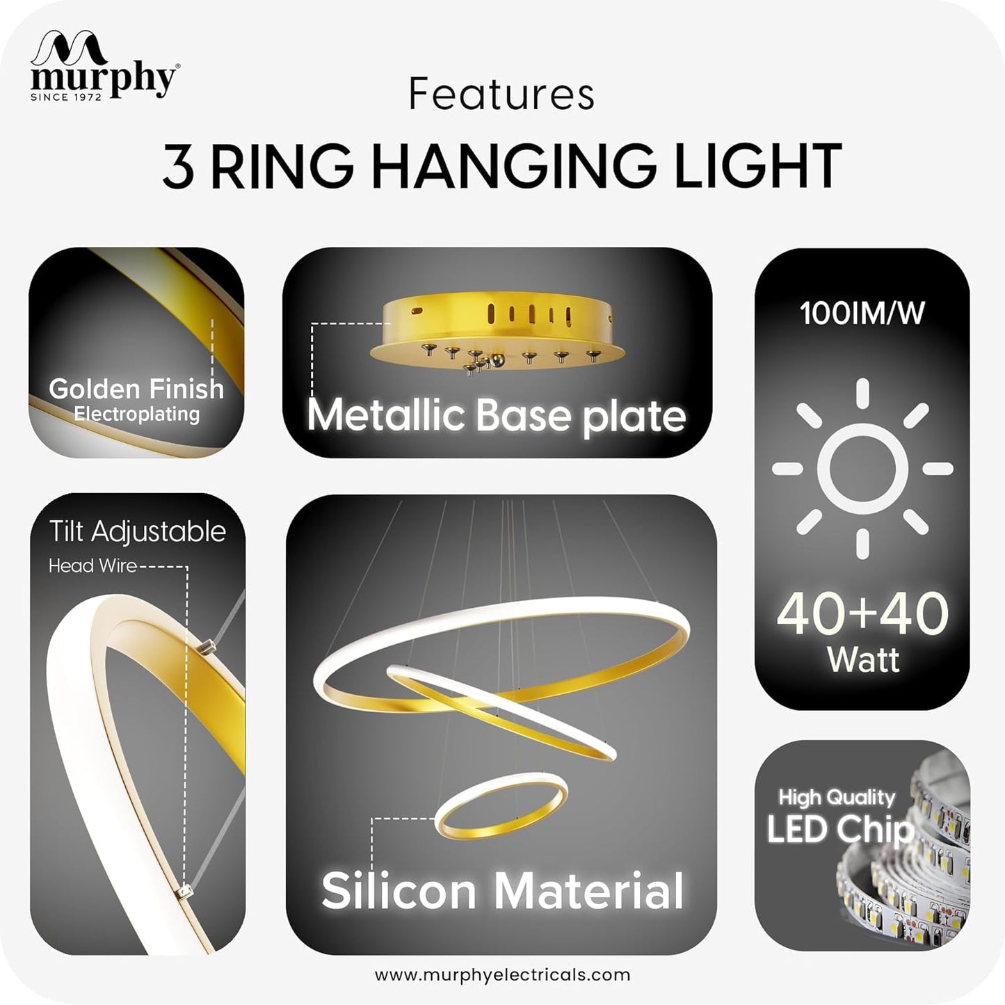 Murphy 3 Ring Modern LED Chandelier Ceiling Lamp | Gold Finish Pendant Light with 3 Color Modes (Cool White, Warm White, Natural White) for Living Room, Hall, Dining, Lobby