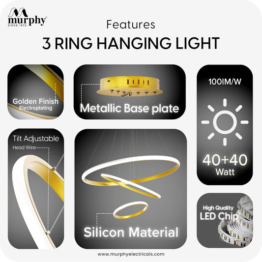 Murphy 3 Ring Modern LED Chandelier Ceiling Lamp | Gold Finish Pendant Light with 3 Color Modes (Cool White, Warm White, Natural White) for Living Room, Hall, Dining, Lobby