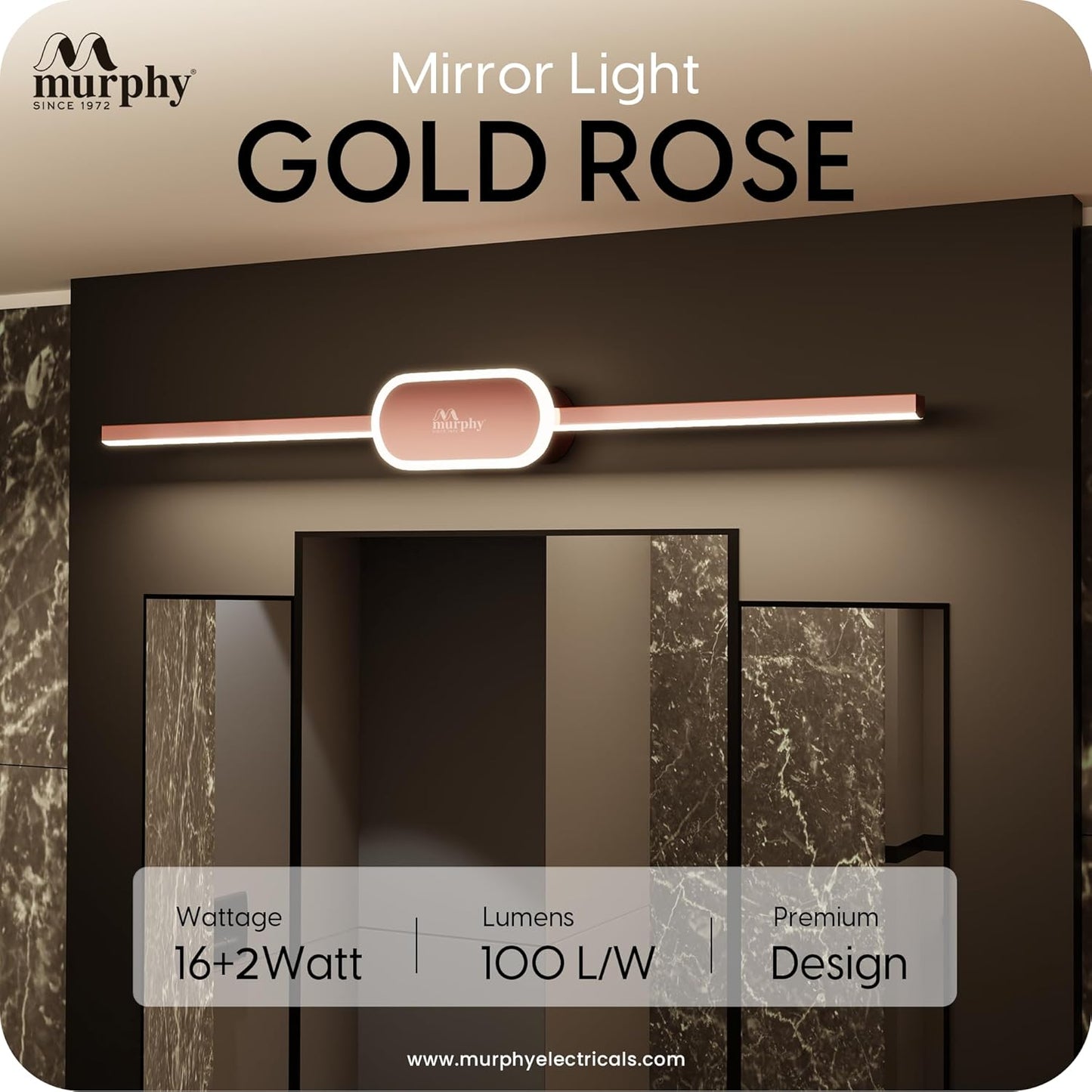 Murphy 16W+2W LED Mirror Light | 3 Color Changing (White/Warm/Natural) | Full Copper Finish, Modern Over Mirror Bathroom/Dressing Table Light