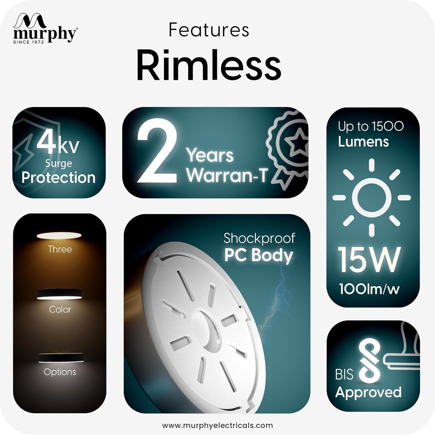 Murphy 15W 3-in-1 LED Round Surface Ceiling Light | 2 Year Warranty | Color Changing (Cool White/Natural White/Warm White) | Rimless Slim Design