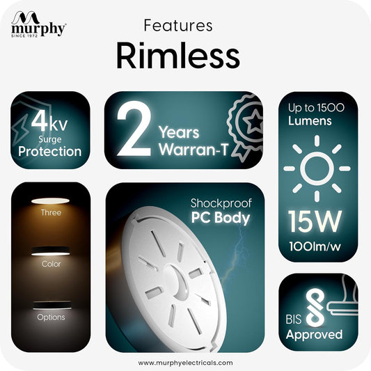 Murphy 15W 3-in-1 LED Round Surface Ceiling Light | 2 Year Warranty | Color Changing (Cool White/Natural White/Warm White) | Rimless Slim Design