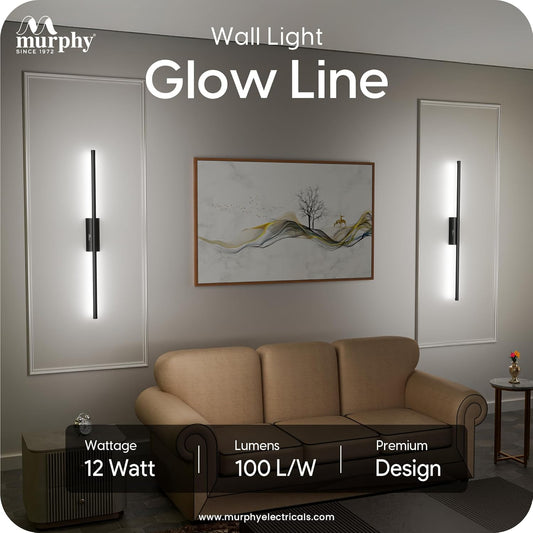 Murphy Slim Ray 12W LED Wall Highlighter– Modern Wall Light, Sleek Black Finish, Decorative Indoor Wall Lamp for Bedroom, Living Room & Hall, 3 Color Changing (Cool/Natural/Warm White)