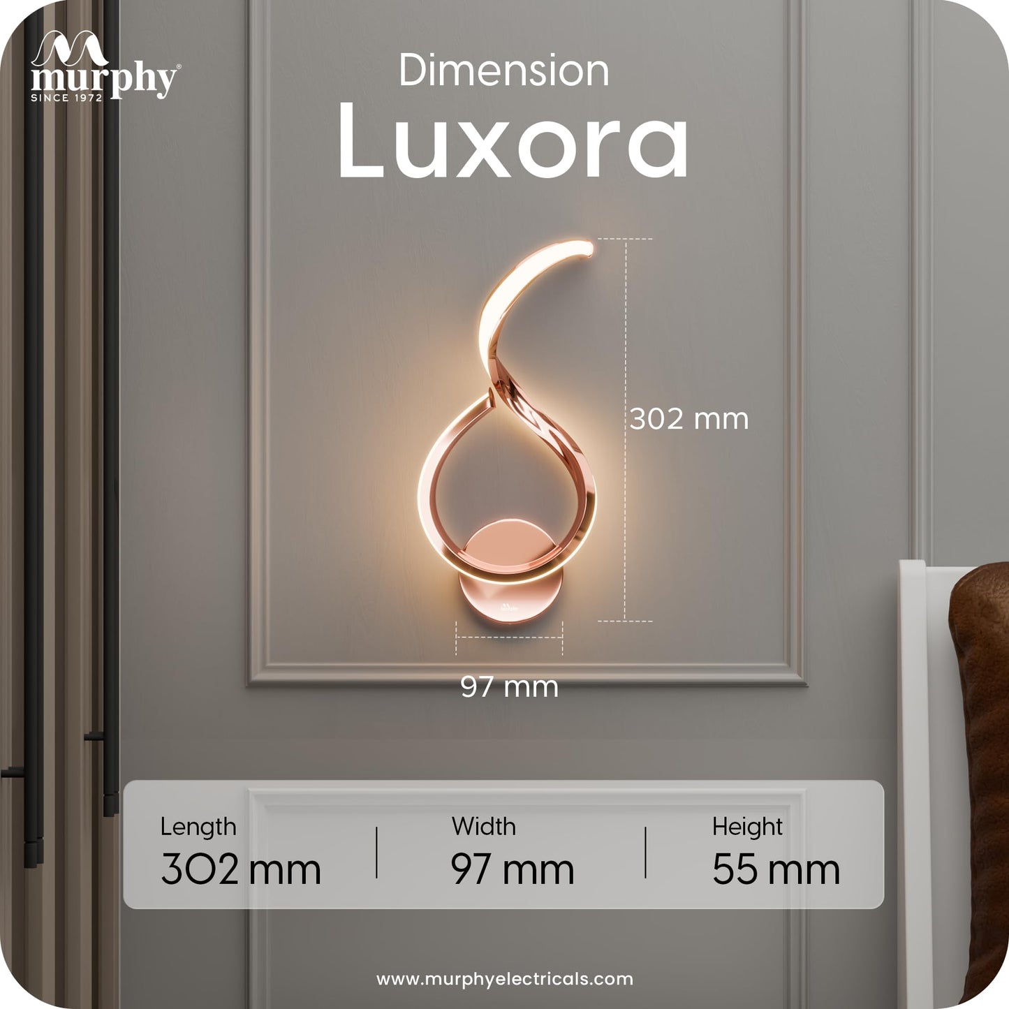 Murphy Luxora Elegant LED Wall Lamp for Home – 2 Years Warranty – Modern Aluminium Light with 3 Color Modes (Rose Gold)