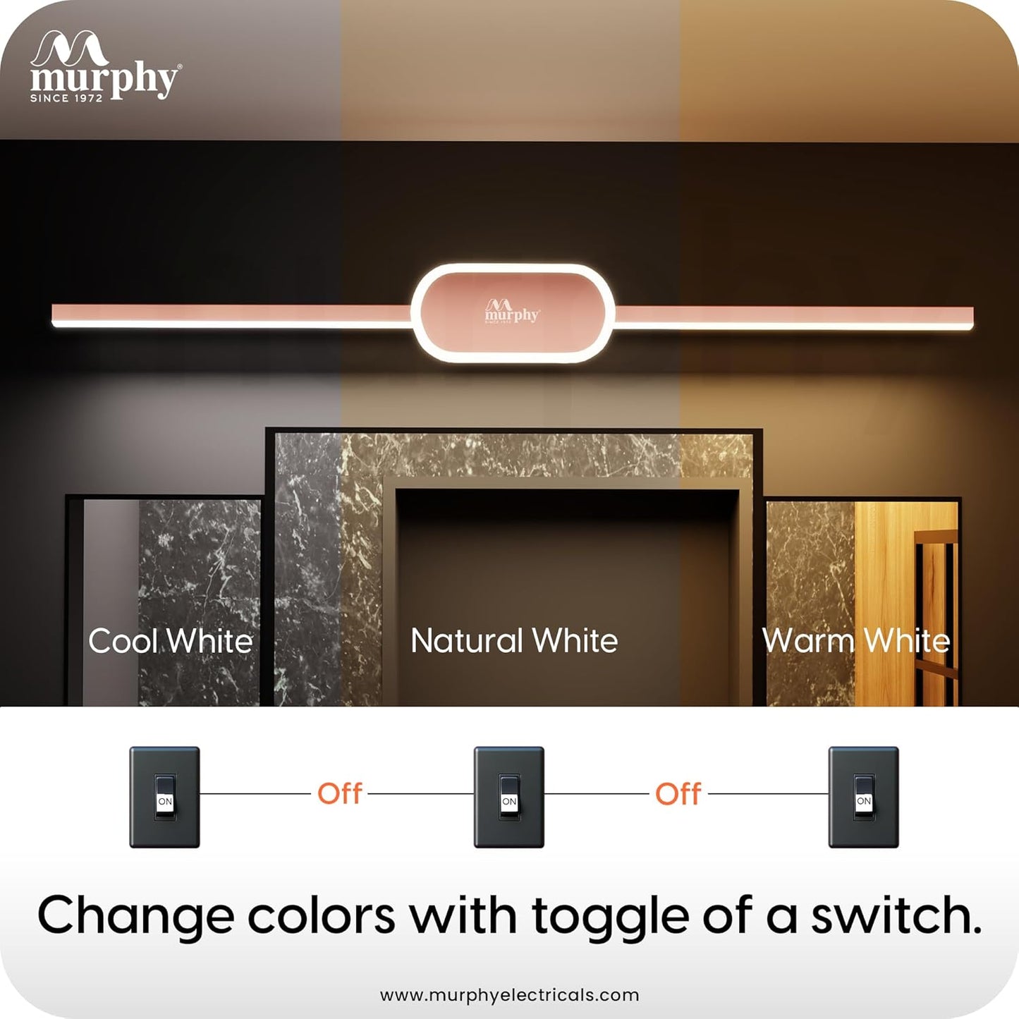 Murphy 16W+2W LED Mirror Light | 3 Color Changing (White/Warm/Natural) | Full Copper Finish, Modern Over Mirror Bathroom/Dressing Table Light