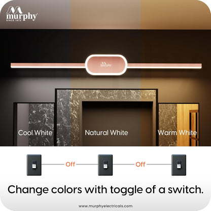 Murphy 16W+2W LED Mirror Light | 3 Color Changing (White/Warm/Natural) | Full Copper Finish, Modern Over Mirror Bathroom/Dressing Table Light