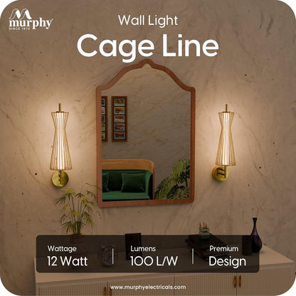 Murphy Cage Line 12W Wall Lamp | 3-in-1 Color Changing LED (Cool White/Warm White/Natural White) with 2-Year Warranty | Premium Golden Finish Decorative Light