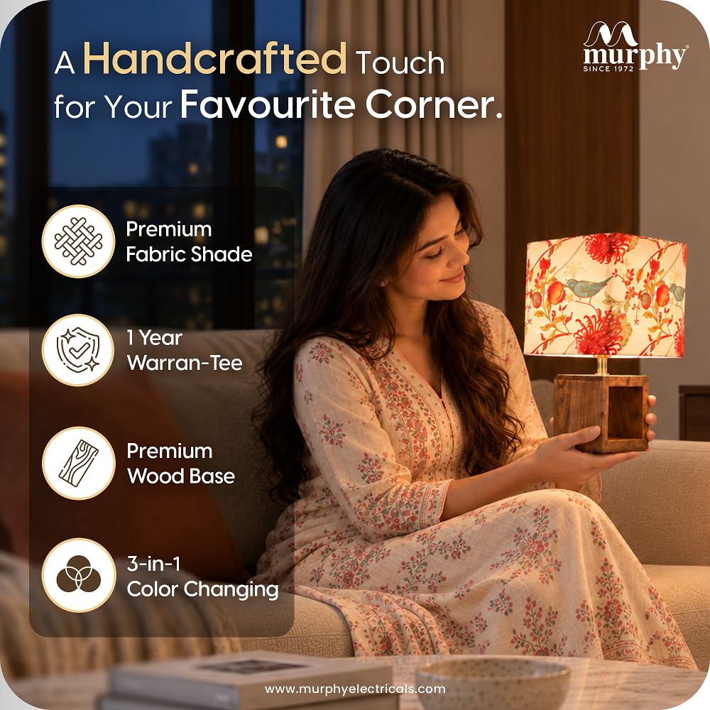 Murphy Bird Drum Cube Table Lamp with Wooden Base & 3-in-1 LED Bulb | Multicolor Floral Fabric Shade | Bedroom & Living Room