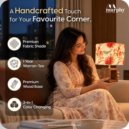 Murphy Bird Drum Cube Table Lamp with Wooden Base & 3-in-1 LED Bulb | Multicolor Floral Fabric Shade | Bedroom & Living Room