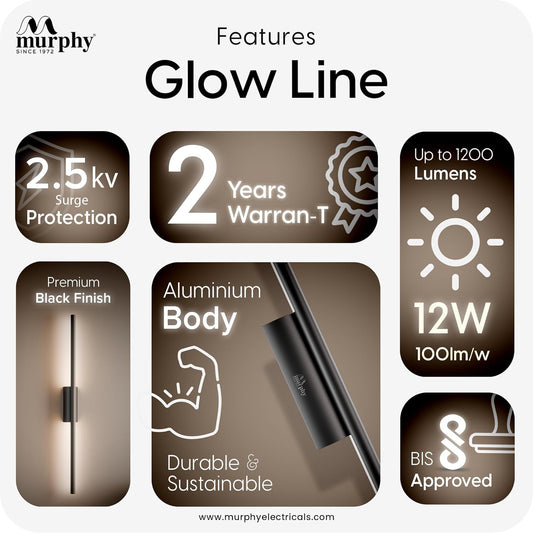 Murphy Slim Ray 12W LED Wall Highlighter– Modern Wall Light, Sleek Black Finish, Decorative Indoor Wall Lamp for Bedroom, Living Room & Hall, 3 Color Changing (Cool/Natural/Warm White)