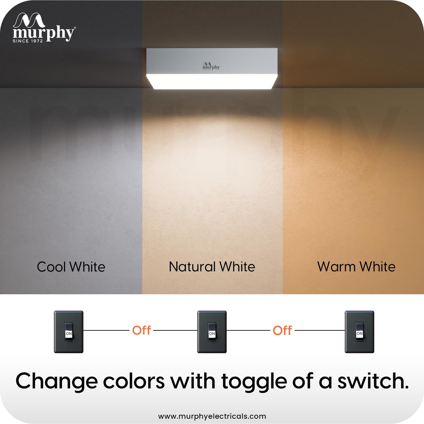 Murphy 15W 3-in-1 LED Square Surface Ceiling Light | 2 Year Warranty | Color Changing (Cool White/Natural White/Warm White) | Rimless Slim Design |