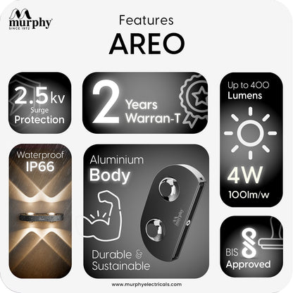 Murphy Areo 4-Way Waterproof LED Wall Light – Warm White | Premium Aluminium Body | Modern Decorative Indoor & Outdoor Wall Lamp | Energy Efficient | IP65 | 2-Year Warranty