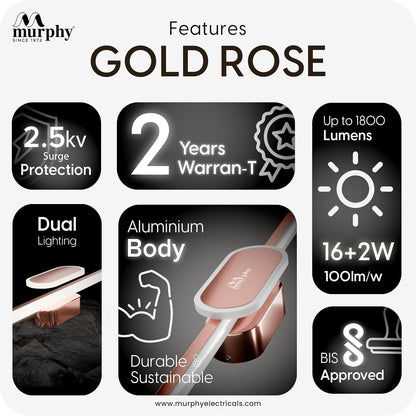 Murphy 16W+2W LED Mirror Light | 3 Color Changing (White/Warm/Natural) | Full Copper Finish, Modern Over Mirror Bathroom/Dressing Table Light