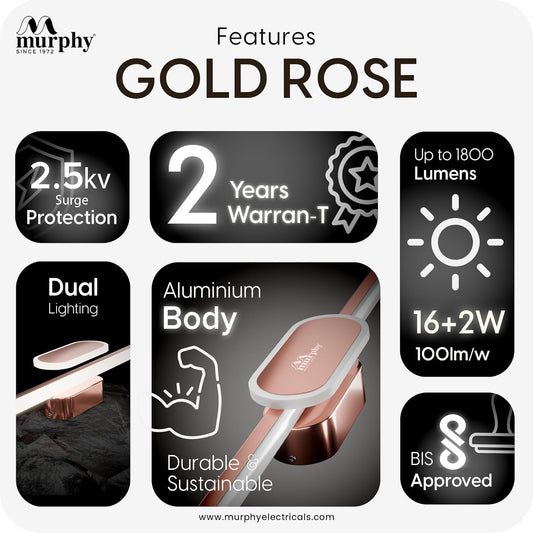 Murphy 16W+2W LED Mirror Light | 3 Color Changing (White/Warm/Natural) | Full Copper Finish, Modern Over Mirror Bathroom/Dressing Table Light