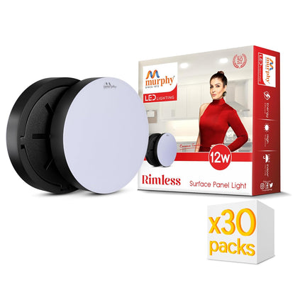 Murphy Rimless Surface LED Light 12W (Cool White, 6000K) – Black Shockproof PC Body, 100lm/W, BIS Approved, 4kV Surge Protection, 2-Year Warranty