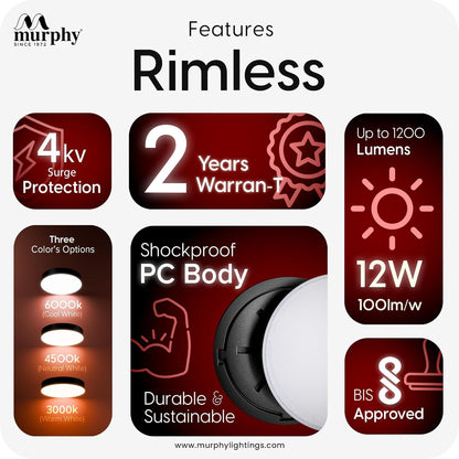Murphy Rimless Surface LED Light 12W (Cool White, 6000K) – Black Shockproof PC Body, 100lm/W, BIS Approved, 4kV Surge Protection, 2-Year Warranty