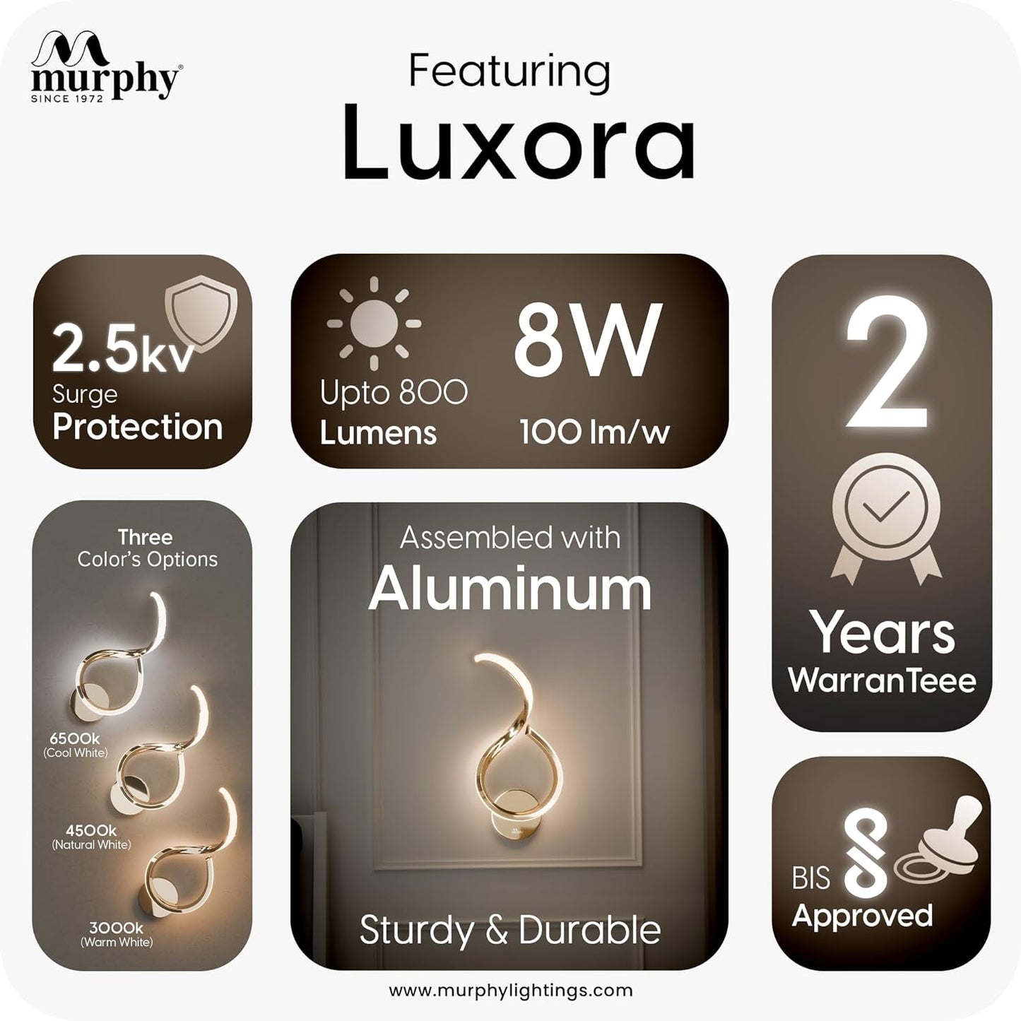 Murphy Luxora Elegant LED Wall Lamp for Home – 2 Years Warranty – Modern Aluminium Light with 3 Color Modes (French Gold, Pack of 1)