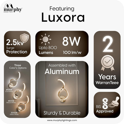 Murphy Luxora Elegant LED Wall Lamp for Home – 2 Years Warranty – Modern Aluminium Light with 3 Color Modes (French Gold, Pack of 1)