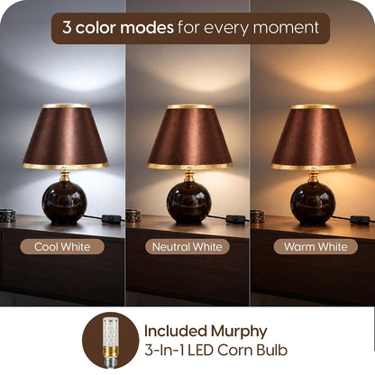 Murphy Noctra 3-in-1 LED Table Lamp with Brown Fabric Shade & Gold Accents | E27 Bulb Included | 1 Year Warranty