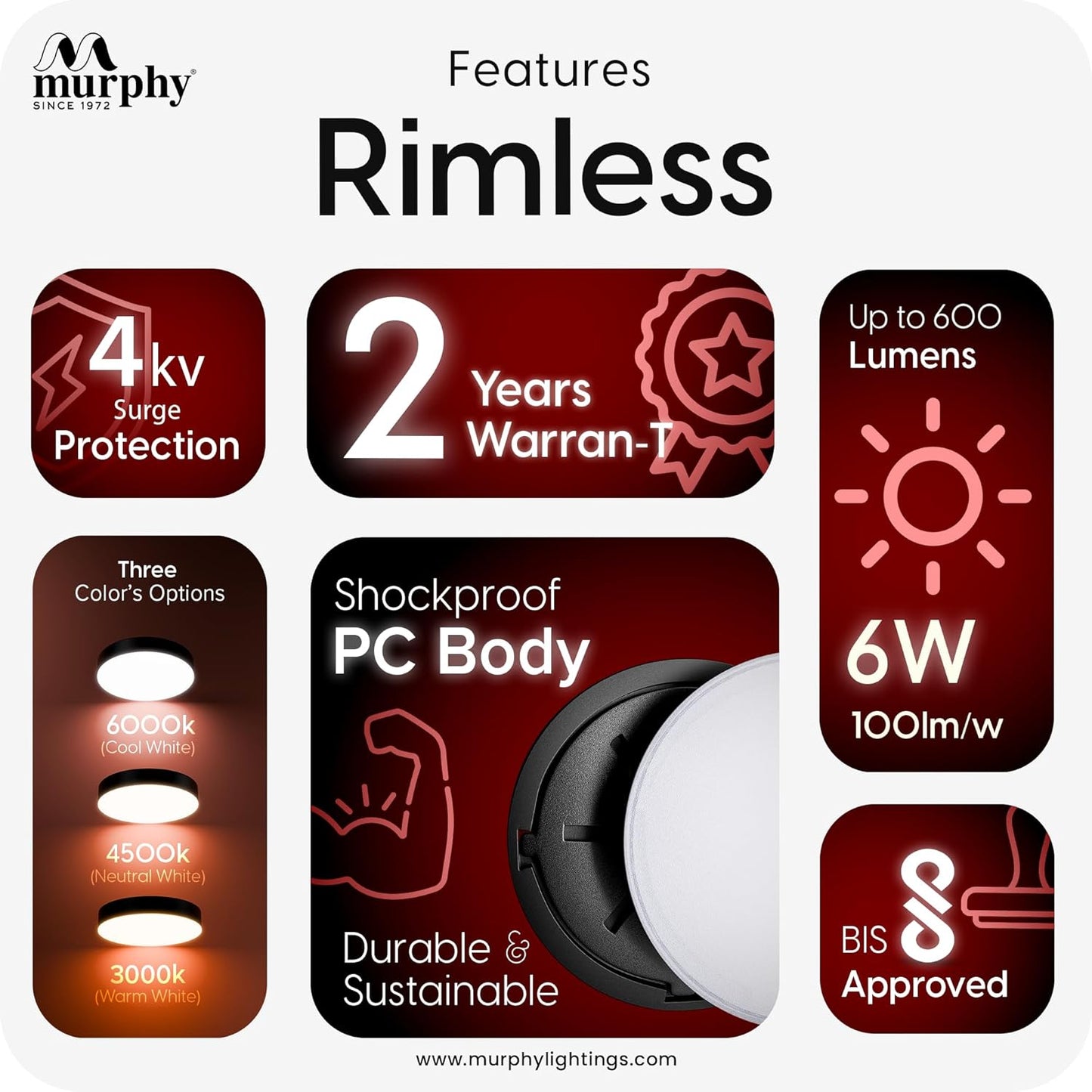 Murphy Rimless Surface LED Light 6W (Cool White, 6000K) – Black Shockproof PC Body, 100lm/W, BIS Approved, 4kV Surge Protection, 2-Year Warranty