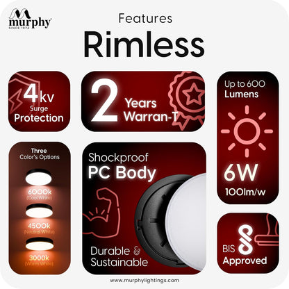 Murphy Rimless Surface LED Light 6W (Cool White, 6000K) – Black Shockproof PC Body, 100lm/W, BIS Approved, 4kV Surge Protection, 2-Year Warranty