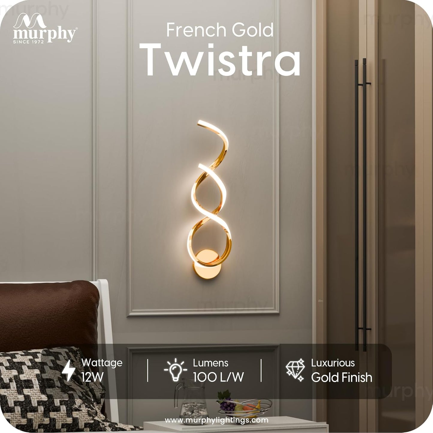Murphy Twistra Elegant LED Wall Lamp for Home – 2 Years Warranty – Modern Aluminium Light with 3 Color Modes (French Gold)