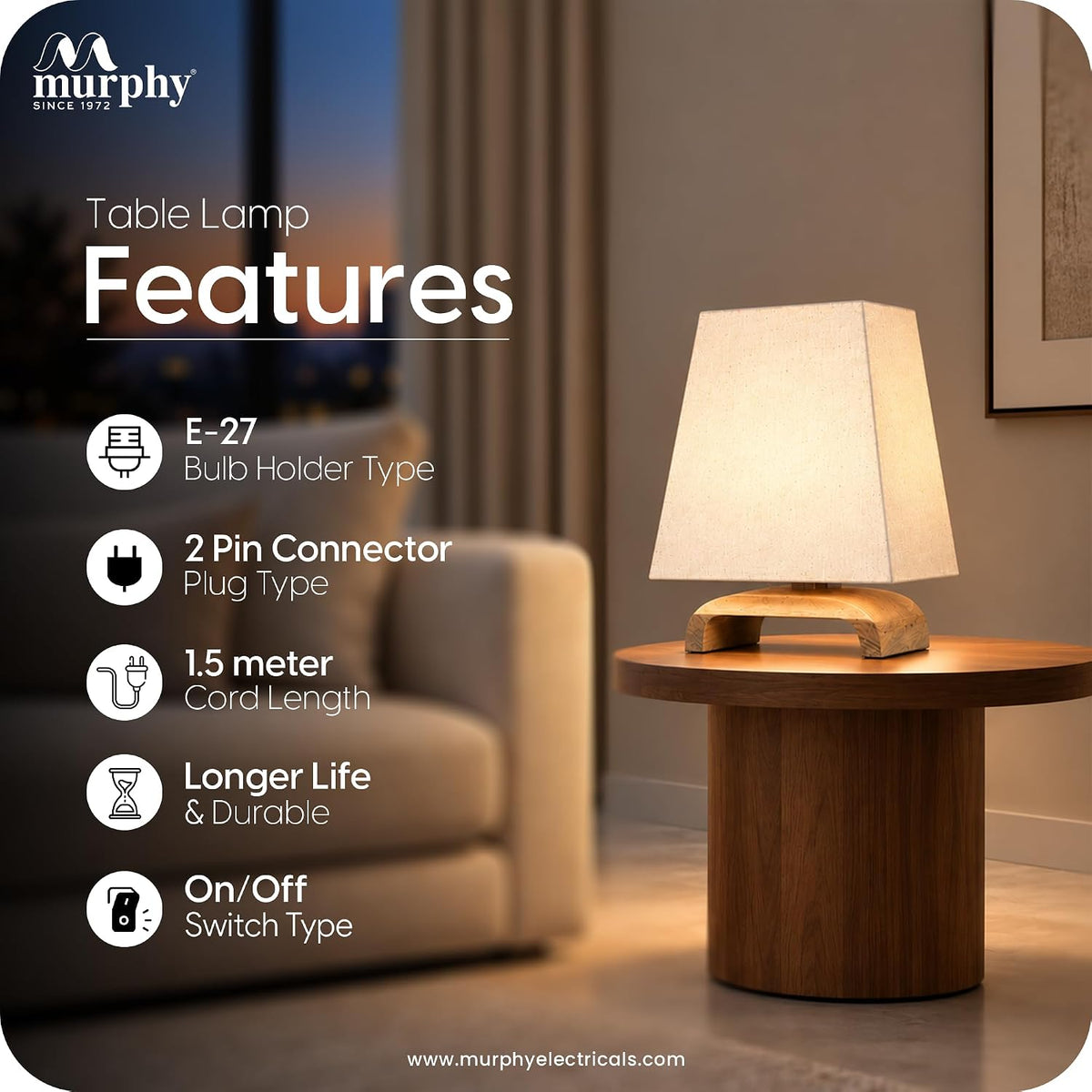 Murphy Jute Pyramid Table Lamp with Mango Wood Base & 3-in-1 LED Bulb | Cream Fabric Shade | Bedroom & Living Room