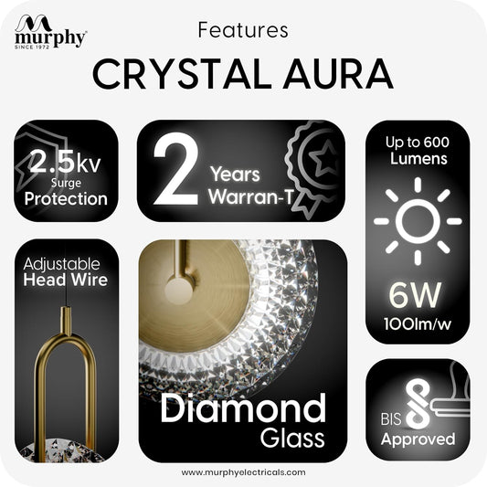 Murphy Crystal Aura 6W LED Pendant Light | 3-in-1 Color Changing (Cool Natural Warm White) | Diamond Glass Hanging Lamp | Adjustable Wire | Gold Finish