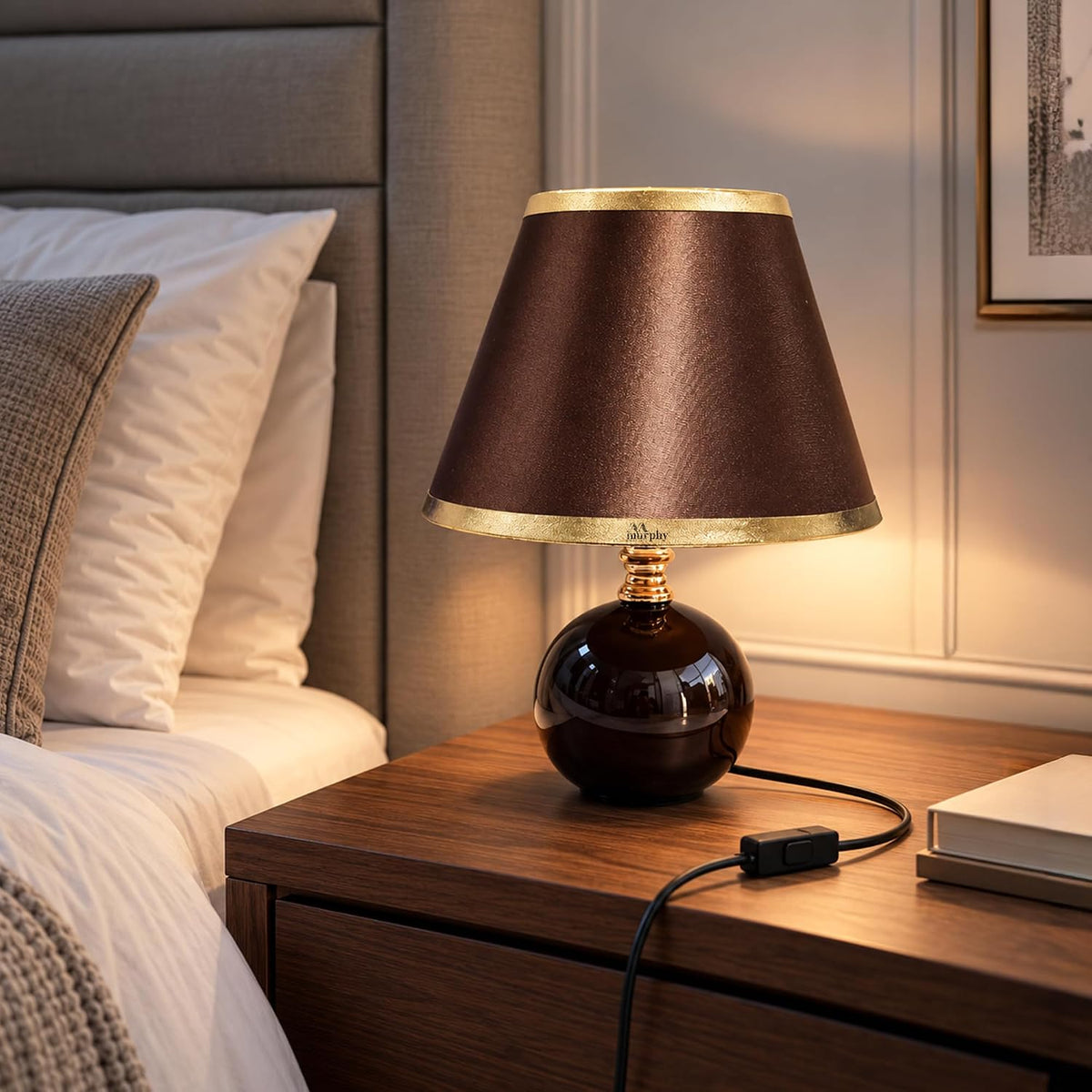 Murphy Noctra 3-in-1 LED Table Lamp with Brown Fabric Shade & Gold Accents | E27 Bulb Included | 1 Year Warranty