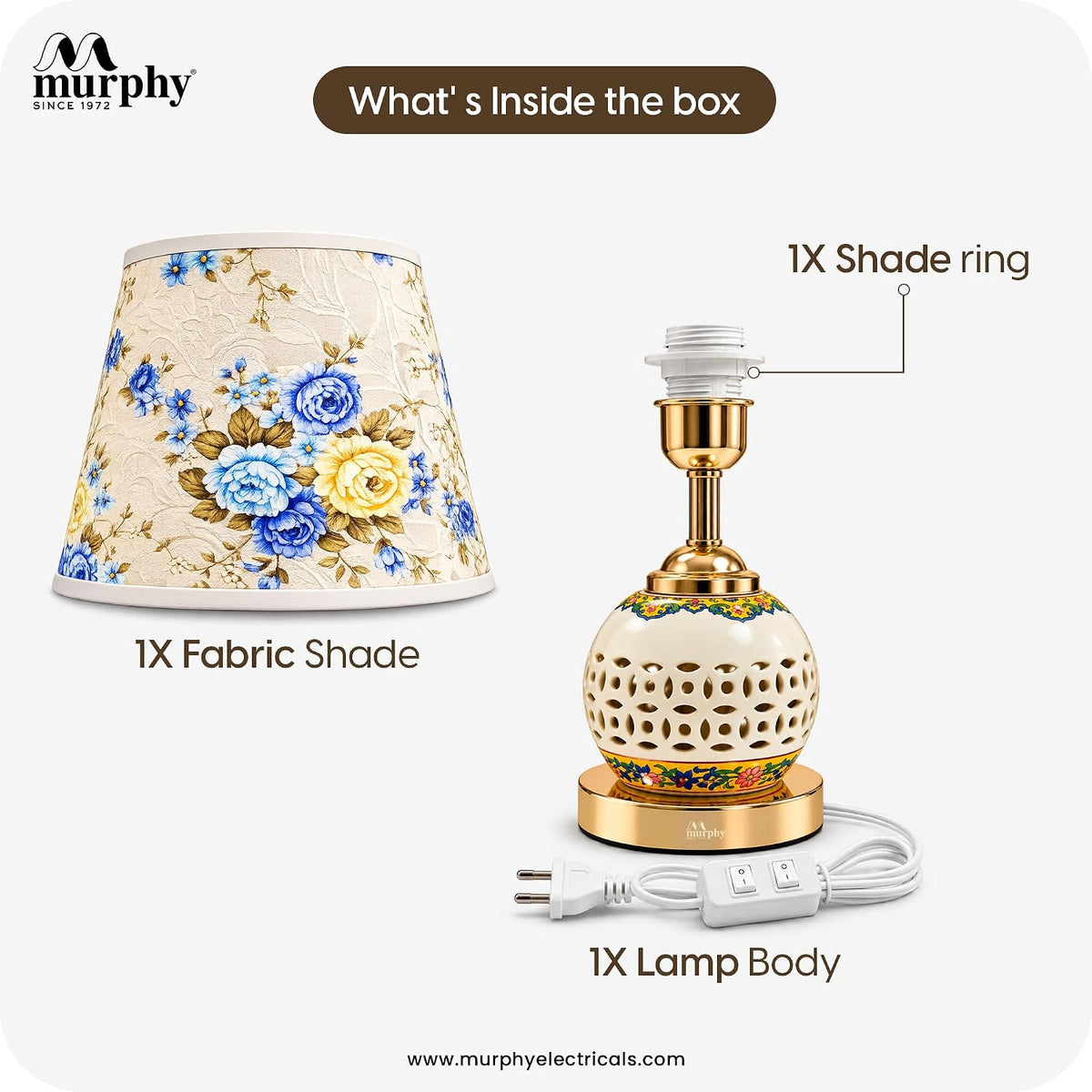 Murphy Flora 3-in-1 LED Table Lamp with Floral Fabric Shade | Decorative Ceramic Body | Elegant Gold Finish | B27 Bulb Included | 1 Year Warranty