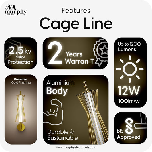 Murphy Cage Line 12W Wall Lamp | 3-in-1 Color Changing LED (Cool White/Warm White/Natural White) with 2-Year Warranty | Premium Golden Finish Decorative Light