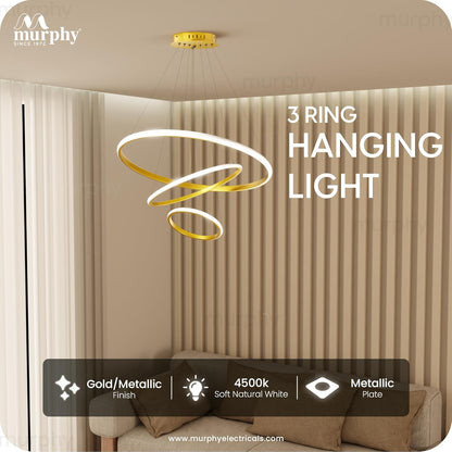 Murphy 3 Ring Modern LED Chandelier Ceiling Lamp | Gold Finish Pendant Light with 3 Color Modes (Cool White, Warm White, Natural White) for Living Room, Hall, Dining, Lobby