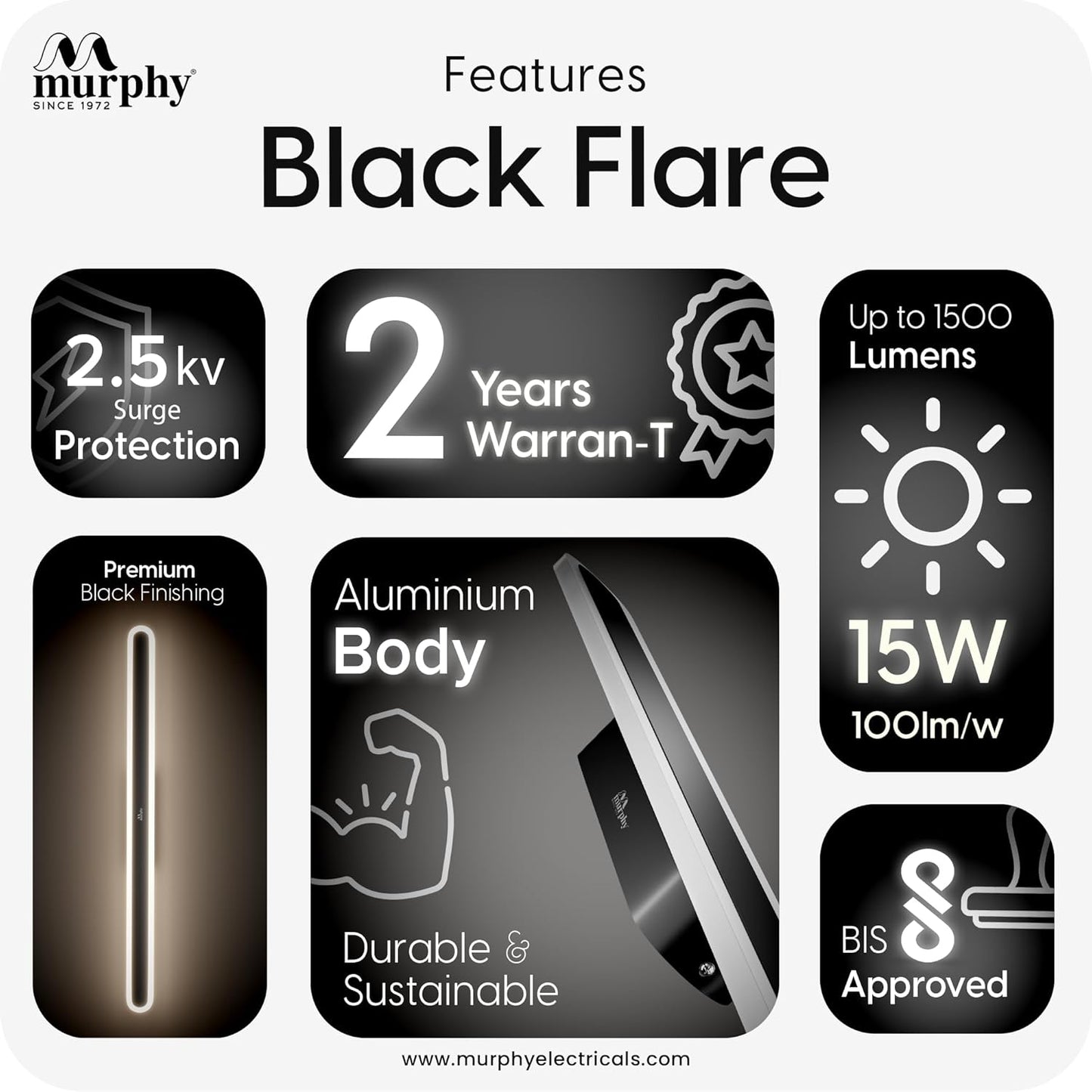 Murphy LumaLine TrioGlow 15W Black Body Premium LED Mirror Wall Bathroom Light - with 3-in-1 Colour Cool White/Warm White/Natural White Linear Bar