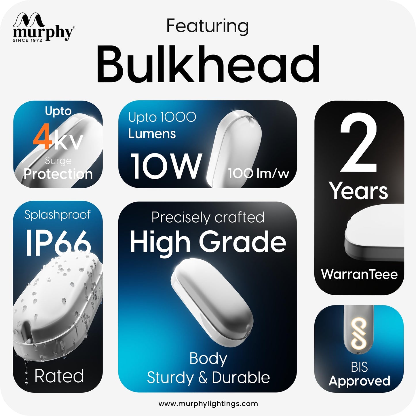 Murphy 10W Rechargeable LED Bulkhead Wall Lamp | 4-Hour Backup | IP66 Waterproof Oval Light for Outdoor, Garden, Balcony, Bathroom | Cool White | Wall Mount | 6-Month Warranty