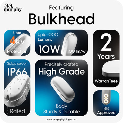 Murphy 10W Rechargeable LED Bulkhead Wall Lamp | 4-Hour Backup | IP66 Waterproof Oval Light for Outdoor, Garden, Balcony, Bathroom | Cool White | Wall Mount | 6-Month Warranty