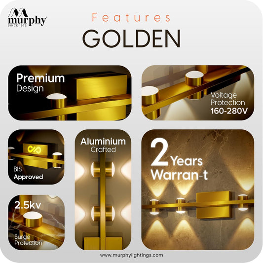 Murphy LED Stylish Up/Down Wall Light – Warm White, Rustproof Aluminum Body (4 Up & 4 Down, Gold Finish) (with 2 Years Warranty)