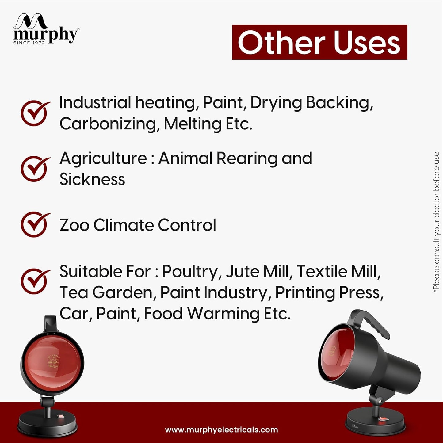 Murphy 150W Infrared Heat Therapy Lamp | Pain Relief | Deep Heat Therapy Light | Home & Clinic Use
