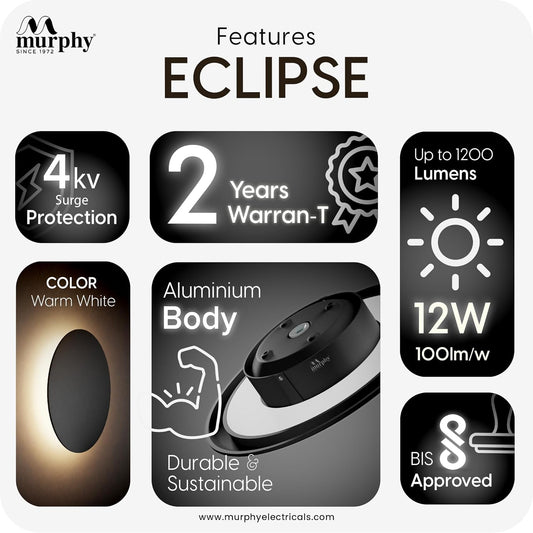 Murphy 12W Black Moon LED Wall Lamp – 2-Year Warranty | Aluminium Body | Warm White Glow | Indoor/Outdoor Modern Lighting Fixture